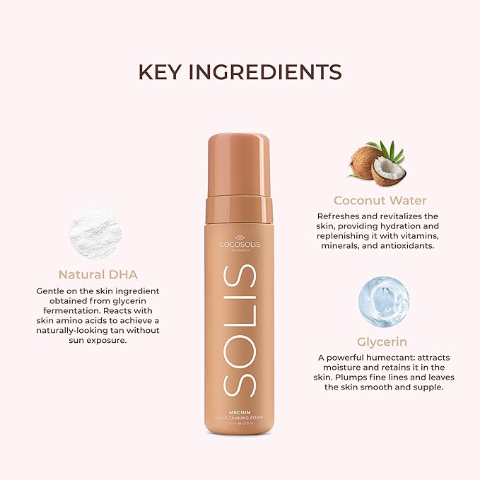 COCOSOLIS SOLIS medium self-tanning lotion for face and body, mousse for a rich, natural and long-lasting tan, with plant-based DHA (200 ml)