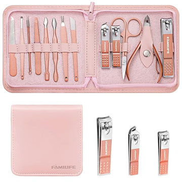 FAMILIFE Manicure Set, Professional Nail Kit Stainless Steel Nail Clipper Set, 13PCS Beauty Tools Manicure Kit Pedicure Tools, with Portable Pink Leather Travel Case for Her