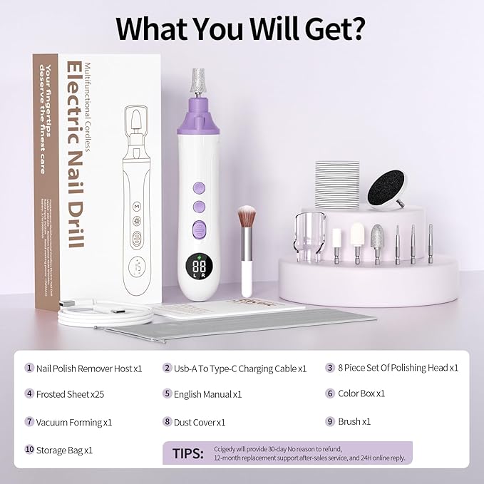 Professional Manicure Pedicure Electric Toenail Grinder Kit - Cordless Electric Nail File Set for Thick Nails Hand Feet Care ,15 Speed,Nail Drill with LED Display Ideal Gift for Men and Women-Purple