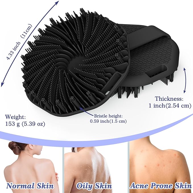 ManmiHealth 2 PCS Silicone Body Scrubber Shower Brush, Upgrade Super-Exfoliating Shower Scrubber with Non-Slip Hand Strap, Silicone Body Buffer for Use in Shower with a Free Hook (Black*2)