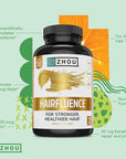 ZHOU Hairfluence, Hair Growth Supplement with Clinically Studied Lustriva and Keranat and Hair Vitamins Biotin 5000mcg, Vitamin D, A, C & B12, Non-GMO, Gluten Free, 120 VegCaps