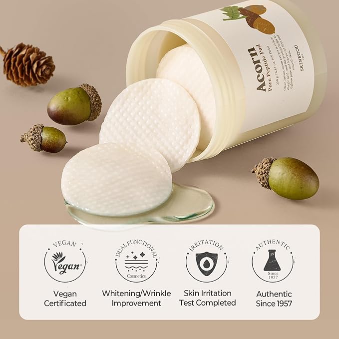 SKINFOOD Acorn Pore Peptide Toner Pad, Korean Skincare Facial Toner, Pore Tightening, Elasticity, Skin Texture Improvement, Firming Up Sagging Skin 8.81 oz (60 Pads)