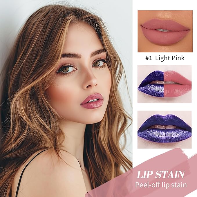 Peel-Off Lip Tint Set - Tattoo Lip Stain Kit, Long-Lasting Matte Finish, Moisturizing Peel-Off Lip Mask, Waterproof & Smudge-Proof, 24H Color Hold (#2 Cool Rose, 1)