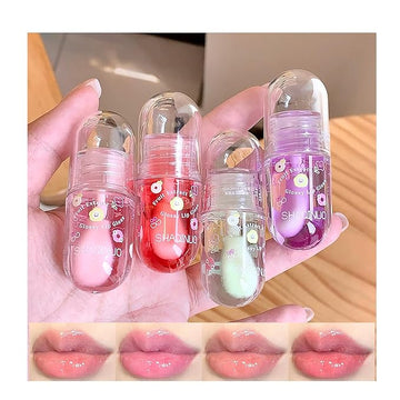 4 Pcs Lip Gloss Oil Set, Fruit Flavored Lip Gloss Set Cute Lip Jelly Hydrating Lip Make-Up for Kids and Teens, Kid Friendly, Party Gift, Non-toxic