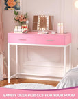 Cyclysio Vanity Desk with Mirror and Lights, 36'' Makeup Vanity Desk with Power Outlet, Small Vanities Set Dressing Table with Drawers for Bedroom, Pink