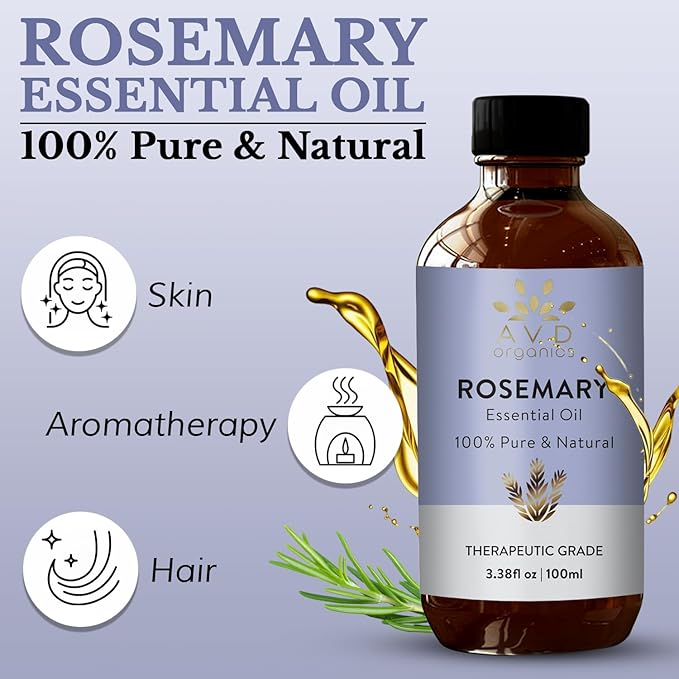 Rosemary Oil for Hair Growth | 100% Pure and Natural Rosemary Essential Oil | for Lotion Diffuser Skin & Hair | 3.38 fl. Oz