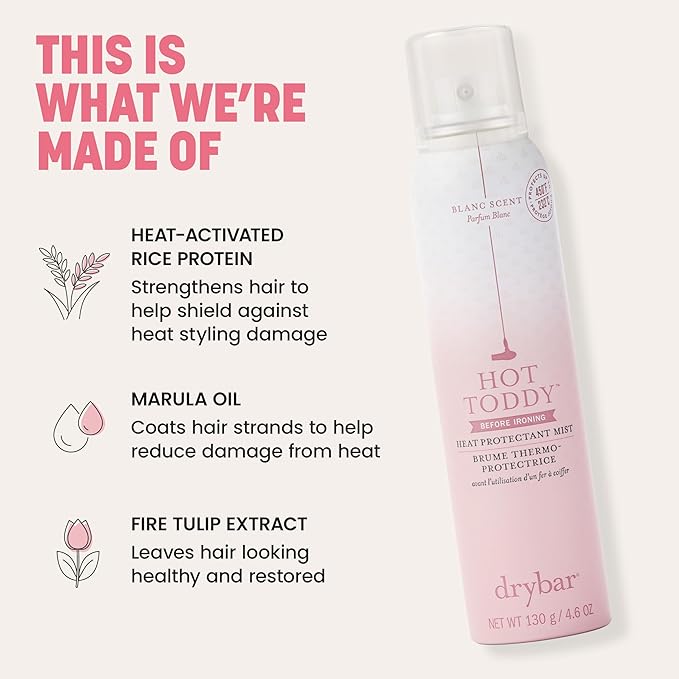 Drybar Hot Toddy Heat Protectant Mist Blanc Scent - Full Size| Lightweight Heat Protectant for Hair protects from Heat & Styling with Curling, Straightening and Styling Irons