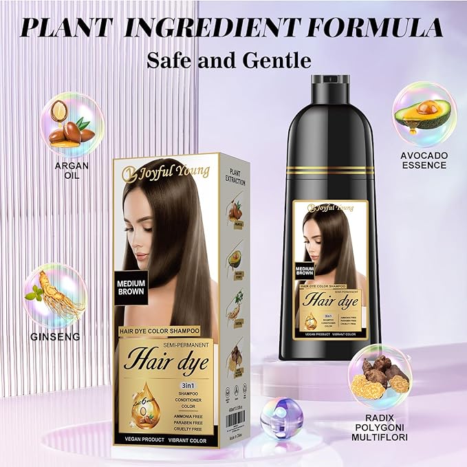 Natural Hair Dye Shampoo 3 IN 1, Hair Color for Gray Hair Coverage, Hair Coloring Shampoo for Women, Color Shampoo Beard Dye for Men, Vegan Ammonia Free (NATURAL MEDIUM BROWN)