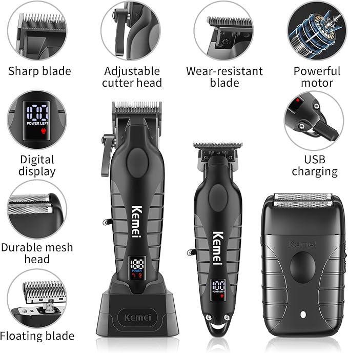 KEMEI Professional Hair Clippers for Men, Cordless Barber Clippers Set and Trimmers Kit, Rechargeable Electric Foil Shaver & Beard Trimmer, Men's Facial Grooming, Hair Cutting Tools, Gifts for Men