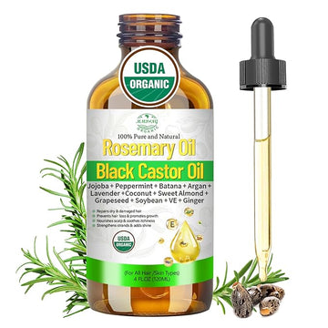 Rosemary & Castor Hair Growth Oil – USDA Certified Organic Cold Pressed Blend Castor oil for Thicker, Fuller Hair, Soothe Itchy Scalp & Repair Damaged Hair – 4 fl oz