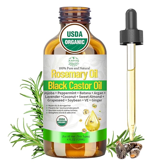 Rosemary & Castor Hair Growth Oil – USDA Certified Organic Cold Pressed Blend Castor oil for Thicker, Fuller Hair, Soothe Itchy Scalp & Repair Damaged Hair – 4 fl oz