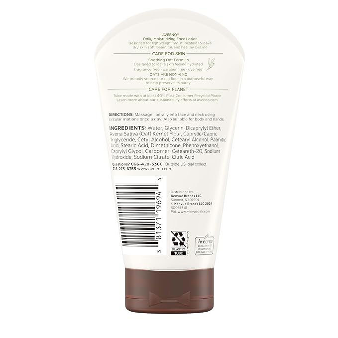 Aveeno Daily Moisturizing Face Lotion with Soothing Prebiotic Oat, Gentle Lotion Nourishes Normal to Dry Skin With Moisture, Facial Lotion for Sensitive Skin, Fragrance-Free, 5 oz
