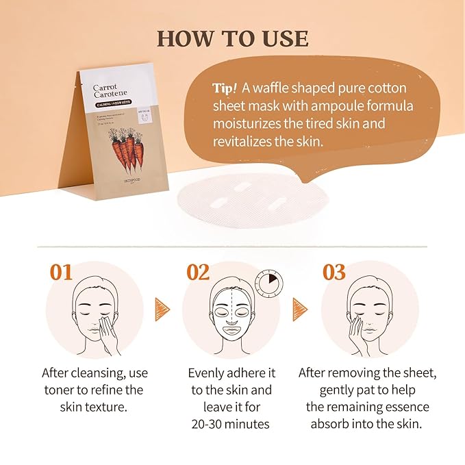 SKINFOOD 1957 Carrot Carotene Mask10ea Set - Beta Carotene, Carrot Seed Oil Extract, For All Skin Type, Moisturizing and Soothing, For Sensitive Skin type, Redness Relief 9.1fl.oz, 270ml