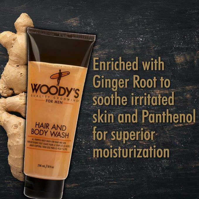 Woody's Hair and Body Wash for Men – 2-in-1 Sulfate-Free Cleanser & Body Wash, Deep Cleansing, Hydrating, Fresh Scent, 10 oz, 2 Pack