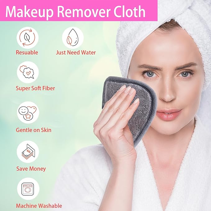 Makeup Remover Cloths for Face, Eye, Lips - Reusable Makeup Remover Pads Soft Microfiber Facial Cleansing Cloths 5 x 5 inch 6 Pack (Gray)