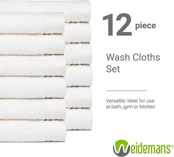 100% Cotton Washcloths Set 13” x 13” | White Towels | Set of 12 Ultra Soft and Highly Absorbent Washcloths Sets for Bathroom, Gym, Hotel, Spa | Machine Washable Face Towel