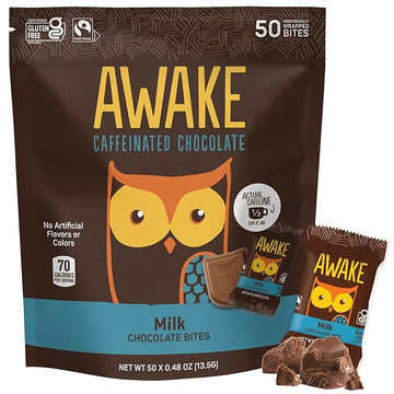 AWAKE - Caffeinated Chocolate Bites - Milk Chocolate, 50 Bites - 50mg Caffeine - Individually Wrapped Energy Bites - Coffee Alternative - Fairtrade, Gluten Free, Non GMO - 0.48oz