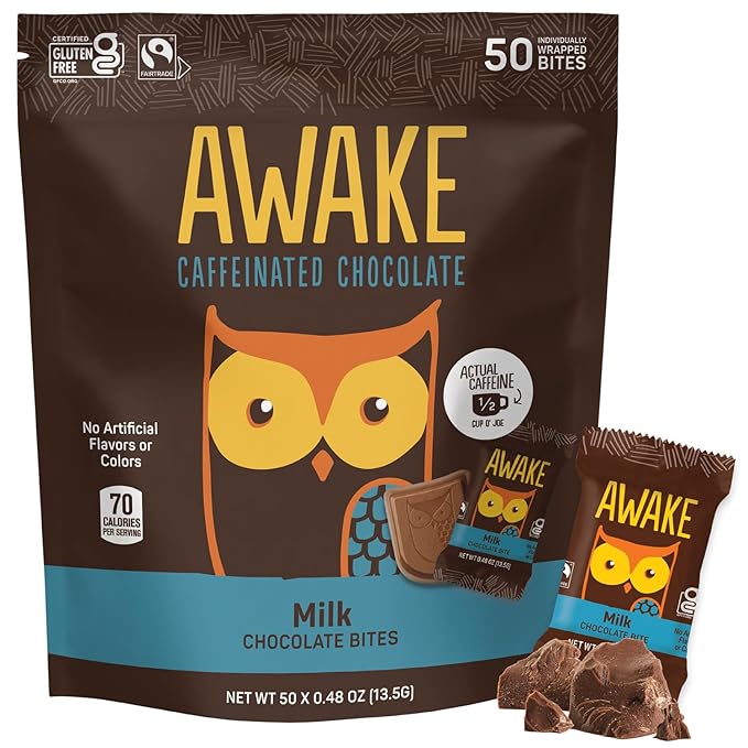 AWAKE - Caffeinated Chocolate Bites - Milk Chocolate, 50 Bites - 50mg Caffeine - Individually Wrapped Energy Bites - Coffee Alternative - Fairtrade, Gluten Free, Non GMO - 0.48oz
