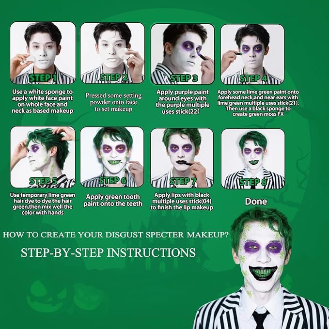 MEICOLY Disgust Specter Makeup Kit,White Face Paint,Green Hair Dye,Setting Powder,Green Tooth Paint,Complete Halloween Zombie Makeup Kit,SFX Character Set for Performance Stage Special Effect Costume