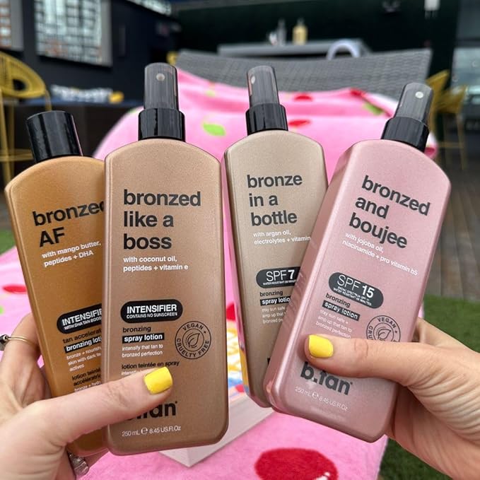 b.tan SPF 15 Sun Tanning Lotion Spray | Bronzed and Boujee - Outdoor Bronzing Spray Lotion, Packed with Jojoba Oil, Niacinamide, & Pro Vitamin B5, Vegan Friendly, Austrailian Brand, 8.45 Fl Oz