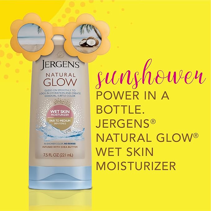 Jergens Natural Glow In Shower Lotion, Self Tanner for Medium to Deep Skin Tone, Sunless Tanning Wet Skin Lotion for Gradual, Flawless Color, 7.5 Ounce, Pack of 2