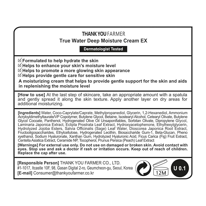 THANKYOU FARMER True Water Deep Moisture Cream EX - Hyaluronic Acid Moisturizer, Ceramide, Panthenol, Dermatologist Tested Korean Moisturizer for Face, Fragrance-free, 2.81 Fl Oz (80ml)