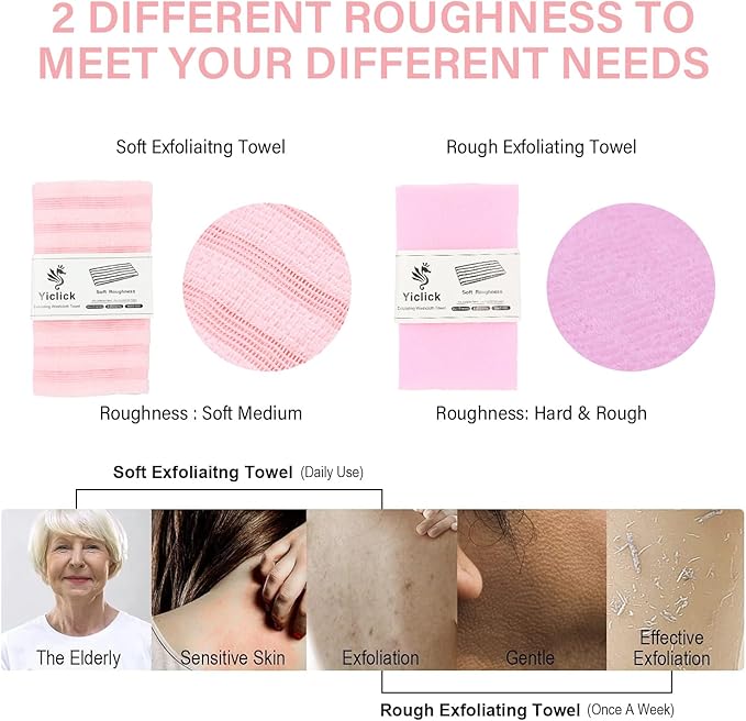 Yiclick Exfoliating Washcloth Towel - Exfoliating Body Scrubber, Loofah Wash Sponge - Korean & Japanse & African Washcloth - Soft + Rough Exfoliating Back Scrubber - for Senstive and Rough Skin