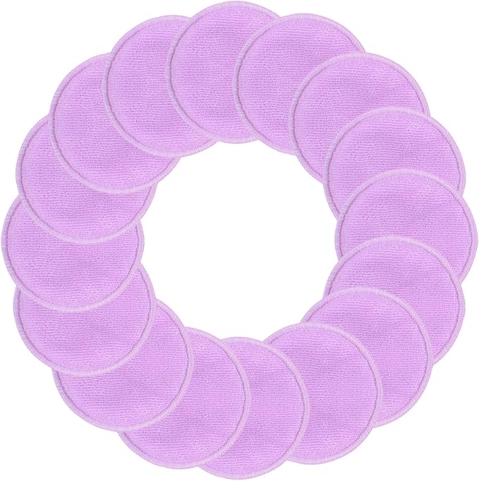SUNLAND Reusable Makeup Remover Pads for Face,Eye,Lips 16 Pack Microfiber Face Cleansing Gloves Washable with Laundry Bag and Travel Bag Rounds Toner Pads（Round 3.15inchx16 Purple）