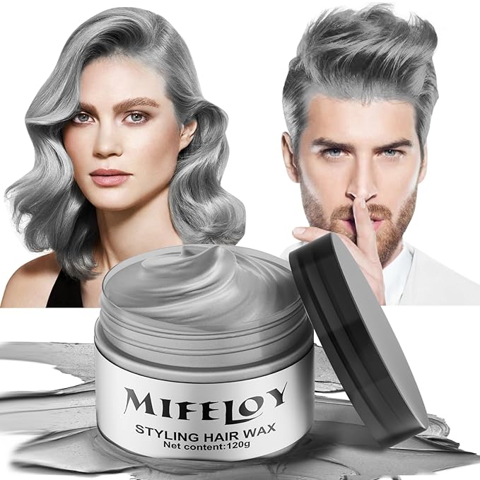 Silver Gray Temporary Hair Color Wax, Instant Natural Hairstyle Cream Dye, Grey Styling Pomadesfor Men Girls Women Youth, Disposable Coloring Mud for Party Cosplay DIY Halloween