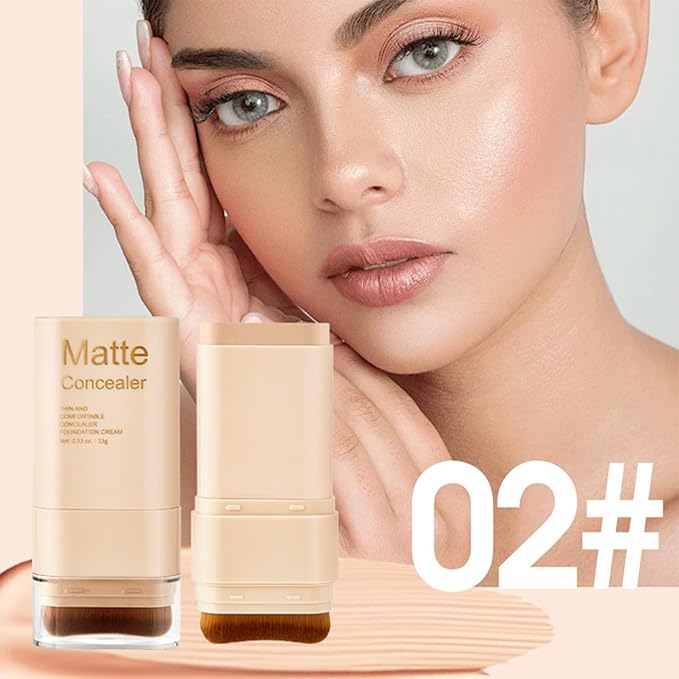 Foundation Stick, 2 in 1 Dual-Ended Eraser Contour Stick with Brush, Tinted Moisturizer, Beauty Balm Skin Tint, Concealer Foundation Sticks for Face Makeup, Sheer to Medium Coverage, Dewy Finish (＃02)