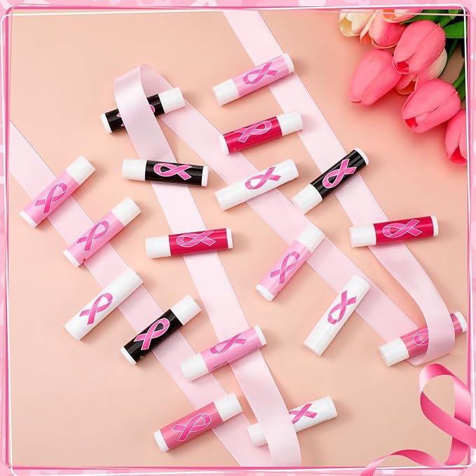 25 Pack Breast Cancer Awareness Accessories Gifts Bulk Lip Balms Favors Pink Ribbon Lip Balms Favors Breast Cancer Awareness Month Support Party Items Decorations for Women Men Survivors