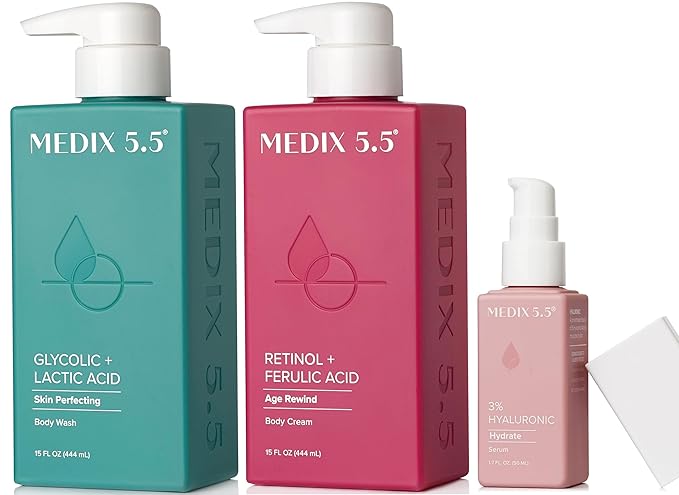Medix 5.5 Anti Aging Skin Care 3PC Set | Retinol Body Cream + Exfoliating AHA Glycolic Acid Foaming Face Wash & Body Wash + Hyaluronic Acid Serum Booster, Wash + Treat + Hydrate Skincare Set, 3PC Set