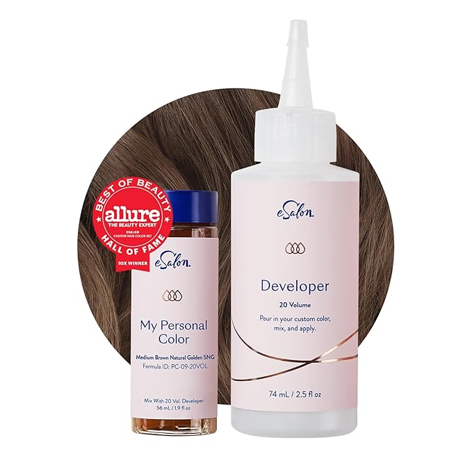eSalon Permanent Hair Color & Hair Dye Complete Kit - Medium Brown Natural Golden - Personal Colorist Kit for Up To 100% Gray Coverage for All Hair Types - Professional-Grade Ammonia-Free Hair Dye