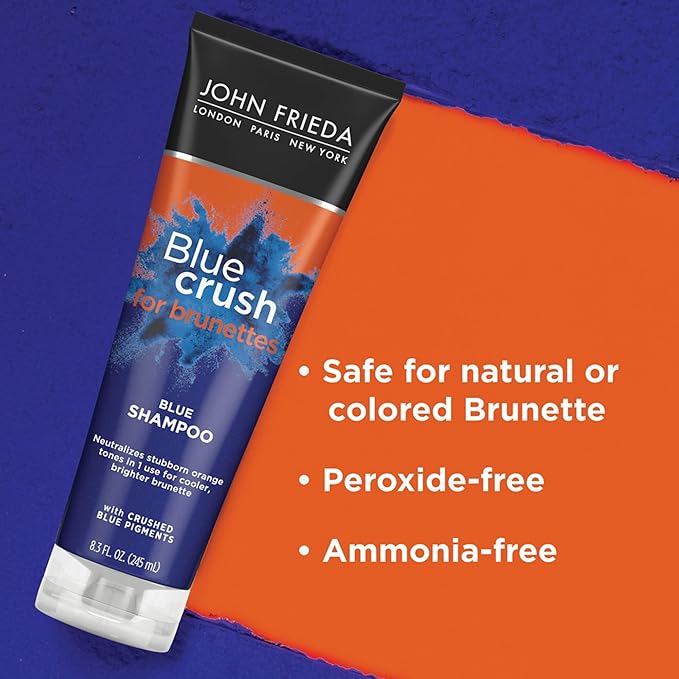 John Frieda Blue Crush Shampoo and Conditioner Set for Brunettes, Nourishes Color-Treated and Natural Hair, Blue Pigments for Vibrant, Cool-Toned Brunette Hair, 8.3 Oz, Pack of 2