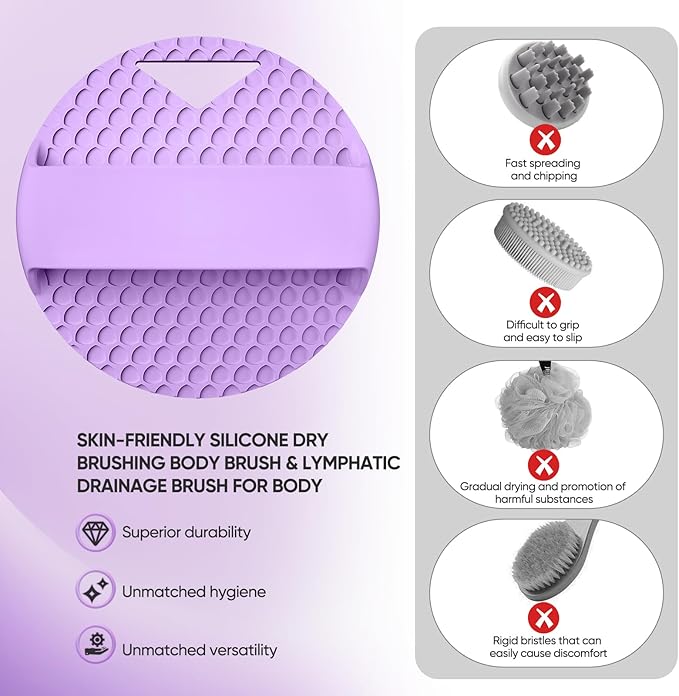 Lymphatic Drainage Silicone Body Scrubber for Shower - Exfoliating Silicone Loofah with Zinc Infused and Stiff Massage Nodes，for Improving Skin Health and Reduces Acne -Purple