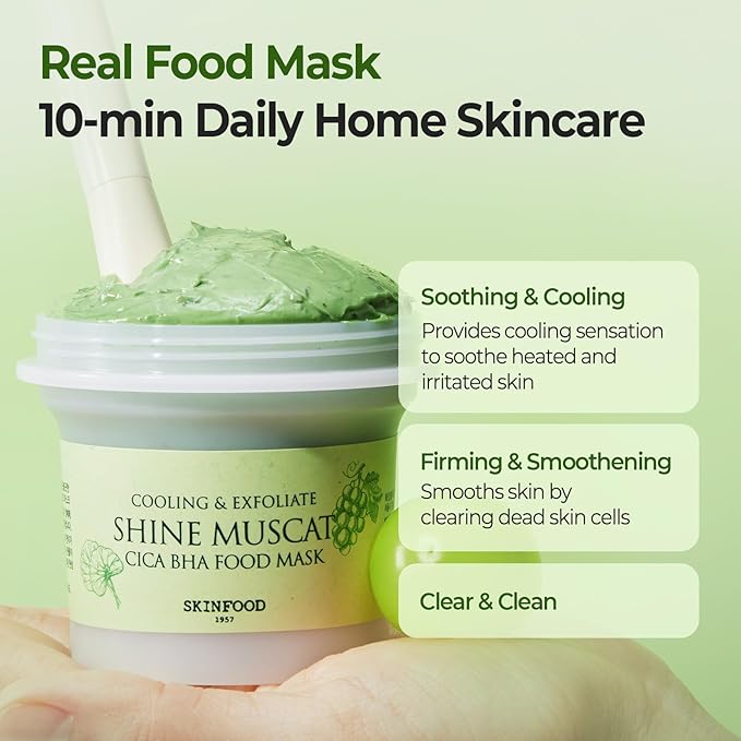 SKINFOOD Shine Muscat Cica BHA Food Mask – Soothing & Cooling Wash-Off Face Mask with Real Shine Muscat, Cica, and BHA – Exfoliating, Pore-Clearing, Vegan Korean Skincare, 180g