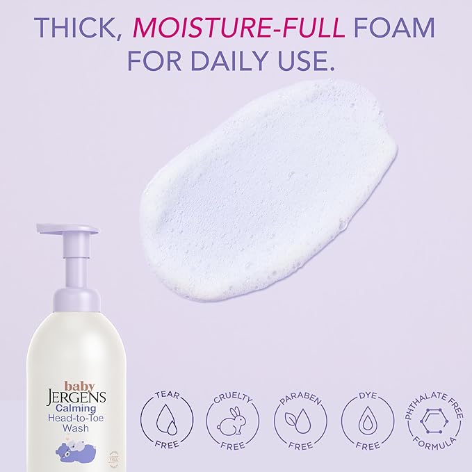 Jergens Baby Calming Head to Toe Foaming Wash, Baby Shampoo and Body Wash, Shampoo Tear Free, Kids Foaming Body Wash, 18 Fl Oz