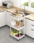 Sywhitta 3-Tier Plastic Rolling Utility Cart with Handle, Multi-Functional Storage Trolley for Office, Living Room, Kitchen, Movable Storage Organizer with Wheels, White
