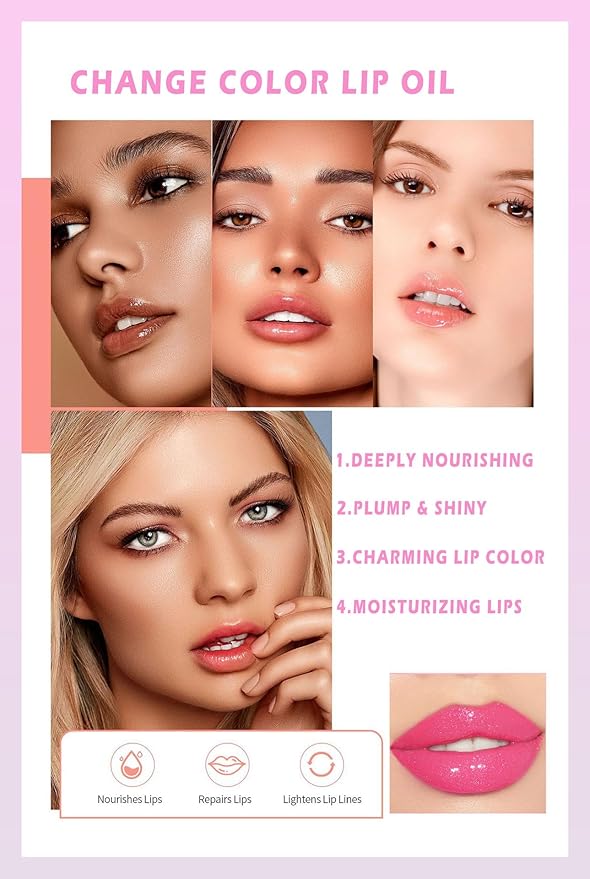 Magic Color Changing Lip Oil, Moisturizing Lip CareNon-Sticky Tinted Glitter Lip Glow Oil for Dry Lips Lip Care.(Color Changing Lip Oil)