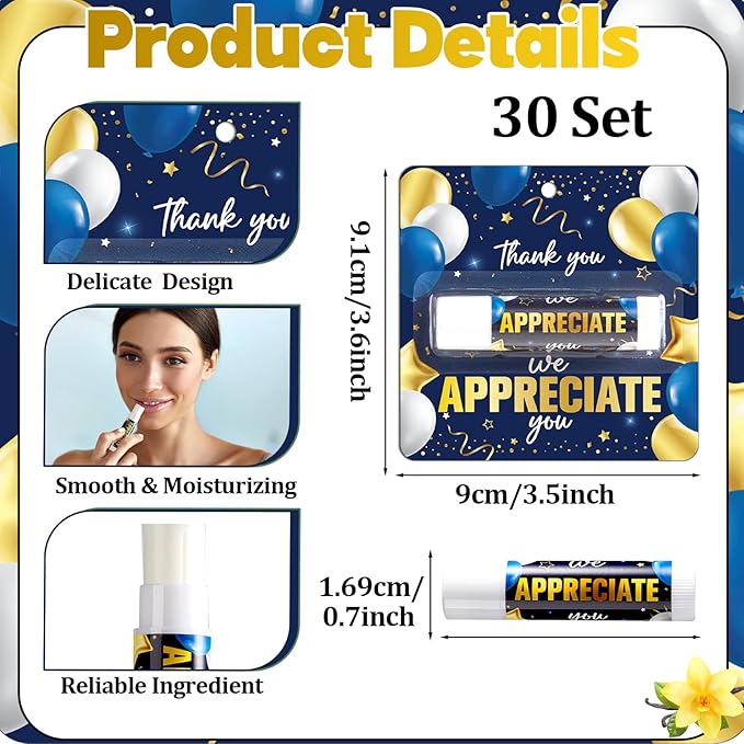 30 Pack Thank You Lip Balm Gifts Bulk, Blue Gold Moisturizing Nourishing Lip Balm Gifts, Appreciation Party Favor for Women Man Coworker Employee We Appreciate You Baby Shower Birthday Party Supplies