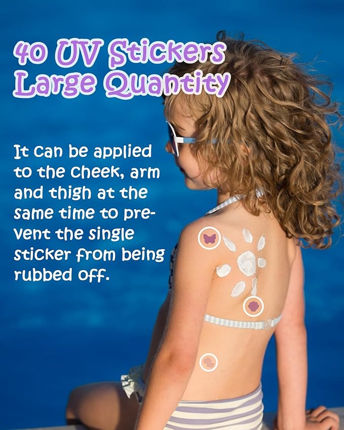 UV Stickers for Sunscreen - 40 Count UV Detection Stickers, Know When to re-Apply Sunscreen, Safe for Kids Age 3+, 4 Pattern Types for Girls & Boys