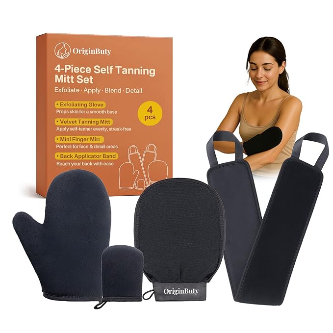 4 Pack Self Tanning Mitt Applicator Kit,Tanning Glove for Self Tan Mitt,Self Tanner Back Applicator,Mini Tan Mit, Exfoliating Mitt, for Sunless Streak-Free Fake Tanning