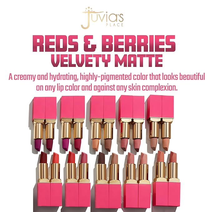 Juvia's Place Reds & Berries Velvety Matte Lipsticks The Reds Perfect Red - Blue Red, Soft-Matte Lipstick, Hydrating, Highly Pigmented, Creamy, Smooth, and Long-Lasting