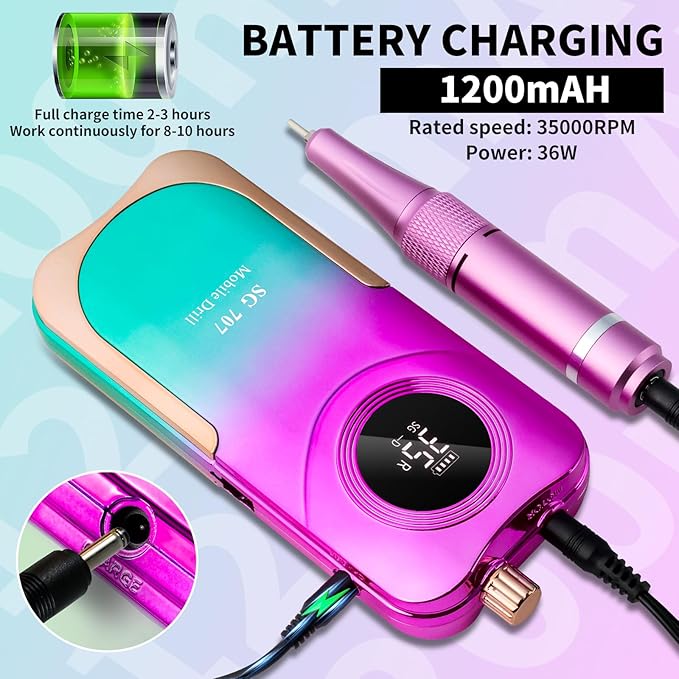Portable Nail Drill Cordless,35000 RPM Electric Nail File with Holder,Rechargeable Nail Drill E Filer for Nails,Electric Nail Buffer Nail Dremel Tool for Women (Gradient Purple Green)