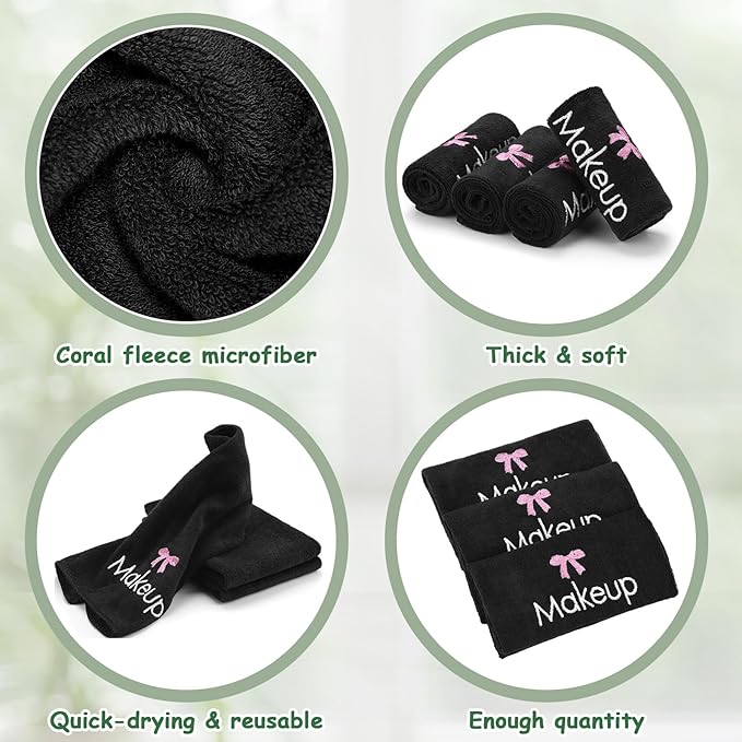 Shimeyao 20 Pack Makeup Towels Black Makeup Washcloths for Face Pink Bow Soft Microfiber Remover Cloth 13x13 Inch Quick Dry Face Towels for Cleansing Hand