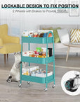 EAGMAK 3 Tier Utility Rolling Cart, Metal Storage Cart with Handle and Lockable Wheels, Multifunctional Storage Organizer Trolley with Mesh Baskets for Kitchen, Living Room, Office, Garage (Turquoise)