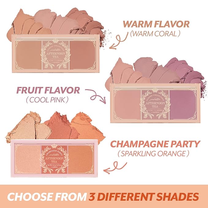 I'M MEME Blusher Palette - Afternoon Tea_Warm FLavor | Soft Pink, Peach, Lavender, 3 Shades Palette, Matte Powder, Face & Cheeks, For All Skin Tones, Powdery Finish, Lightweight Formula, 0.4 Oz