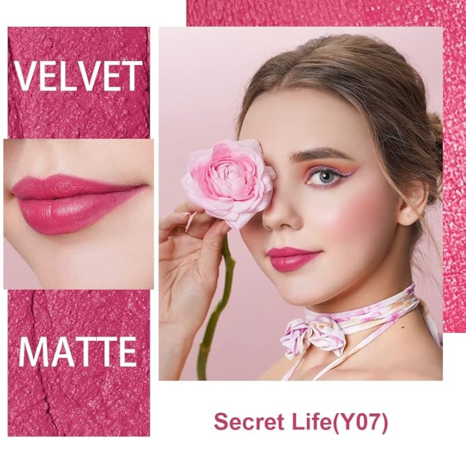 Oulac Rose Pink Matte Lipstick for Women, Lipstick & Blush Duo,Soft Creamy Satin Finish Lipsticks, Moisturising Formula, Rich Color Lips, Highly Pigmented, Rose Oil, Vegan & Cruelty-Free| 3.6g (Y07)