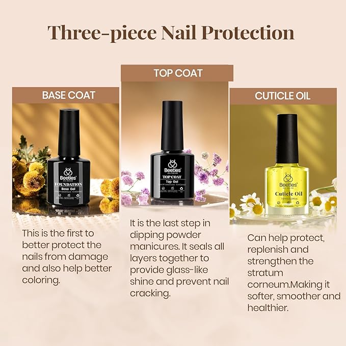 Beetles Gel Top Coat Base Coat and Cuticle Oil Set 3Pcs, No Wipe Top Gel Glossy Shine Long Lasting, Cuticle Oil Care for Dry Damaged for Stronger Nails Fall Nail Gifts For Girls