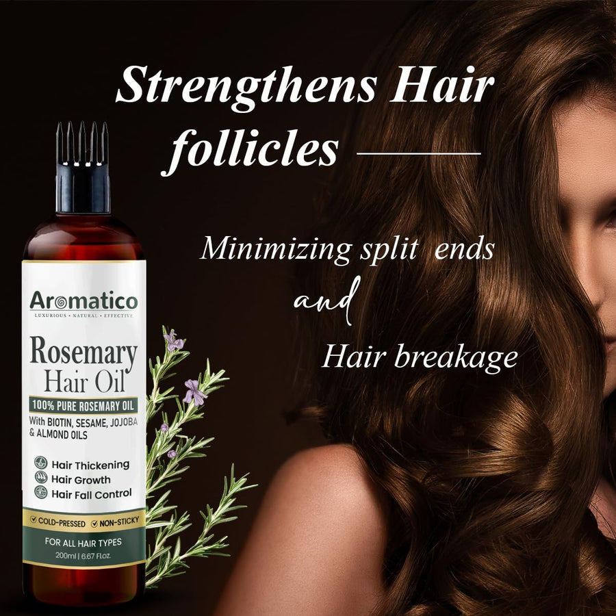 100% Pure Rosemary Oil for Hair Growth, Hair-fall Control & Hair Thickening. Enriched with Sesame, Jojoba & Almond Oils. Non-Sticky Texture. With Applicator Cap - 7 Fl Oz
